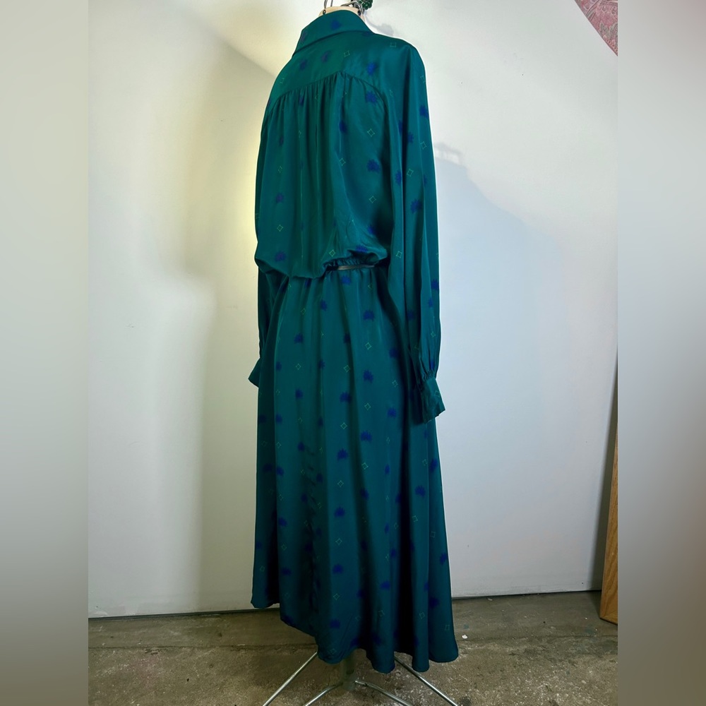 Vintage 80s/90s Liz Claiborne 100% Silk Dark Green Print Midi/Maxi Dress Size 8 - Picture 7 of 16